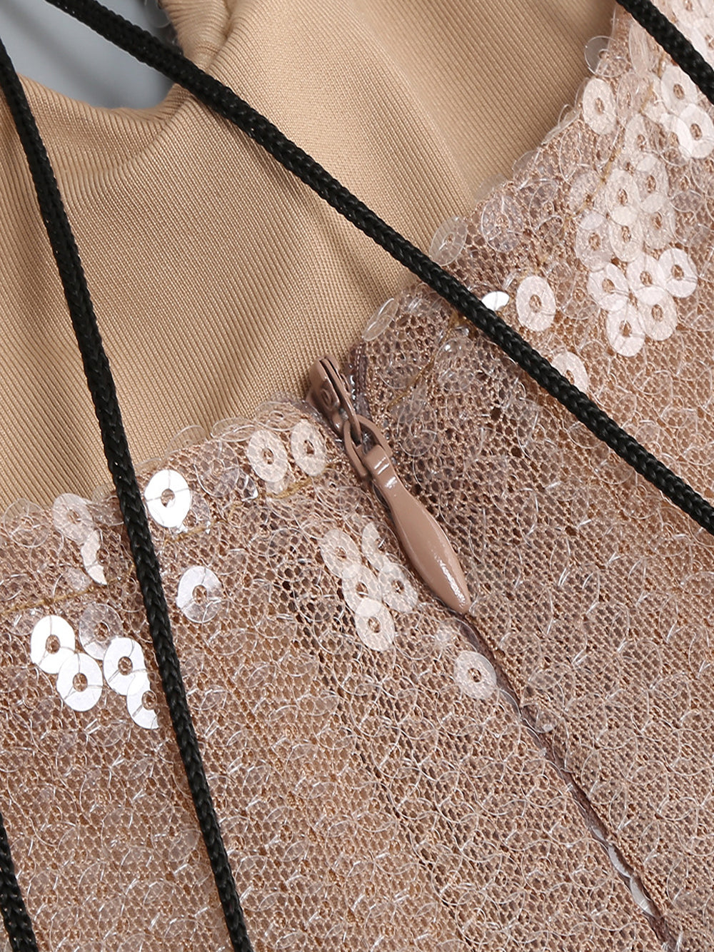Light Brown Scoop Neck Sequin Keyhole Tie Long Sleeve Bodycon Maxi Dress 15