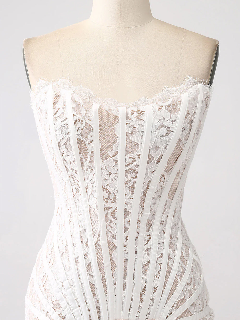 White Strapless Eyelash Lace Corset Ruched Bodycon Mini Dress 10