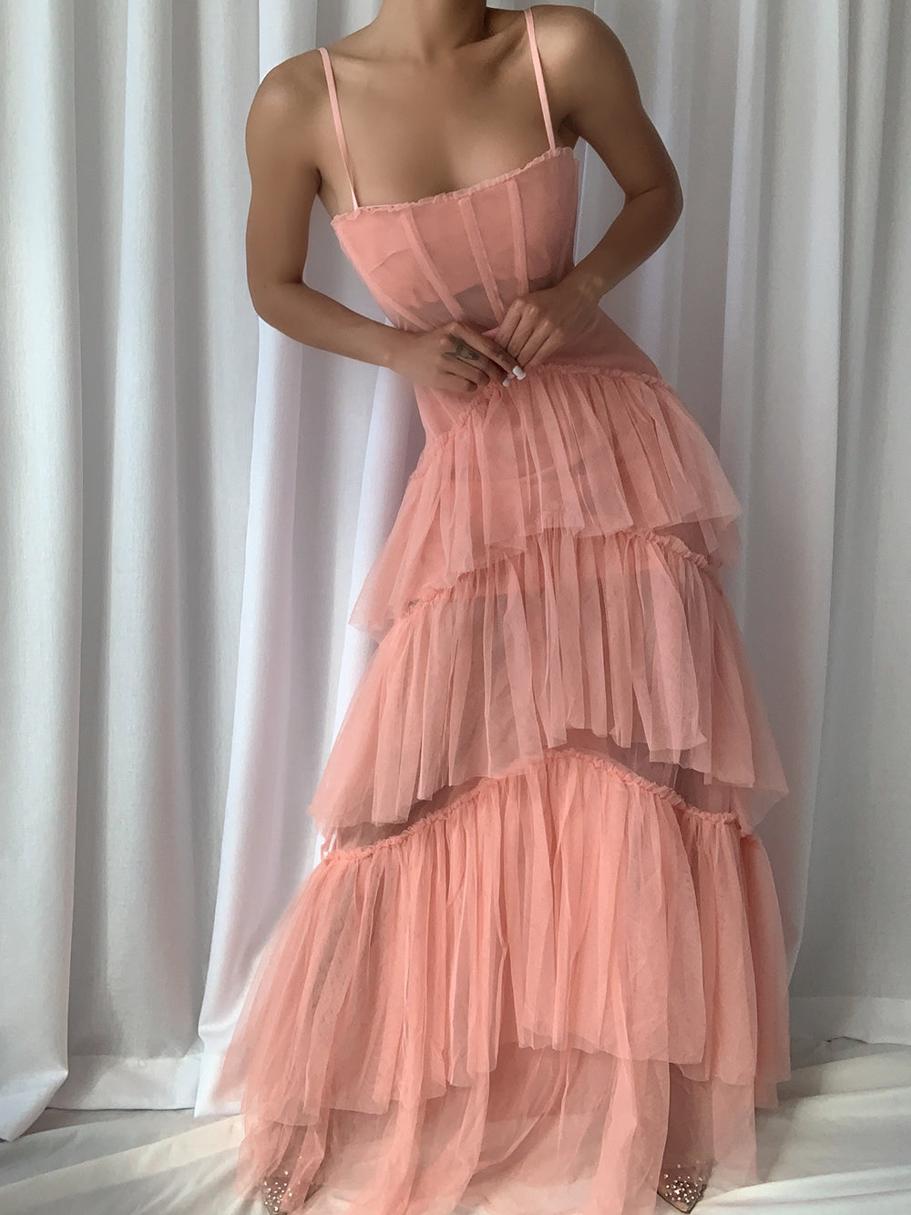 Pink Spaghetti Strap Corset Tiered Tulle Ruffle A-Line Maxi Gown 4