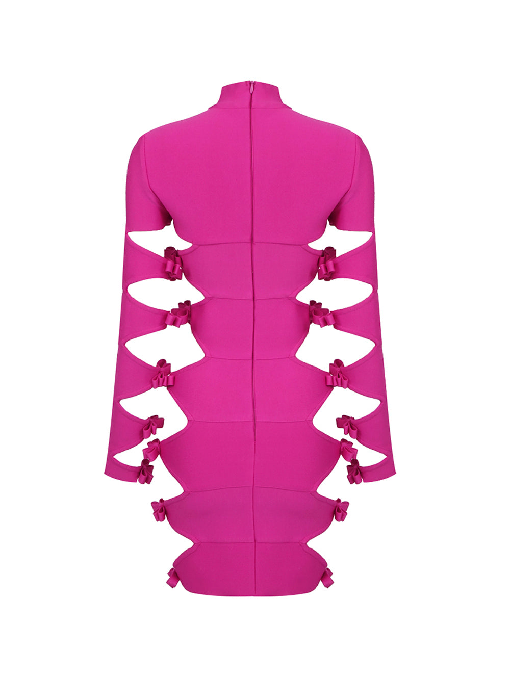 Fuchsia High Neck Bow Cutout Long Sleeve Bandage Bodycon Mini Dress
