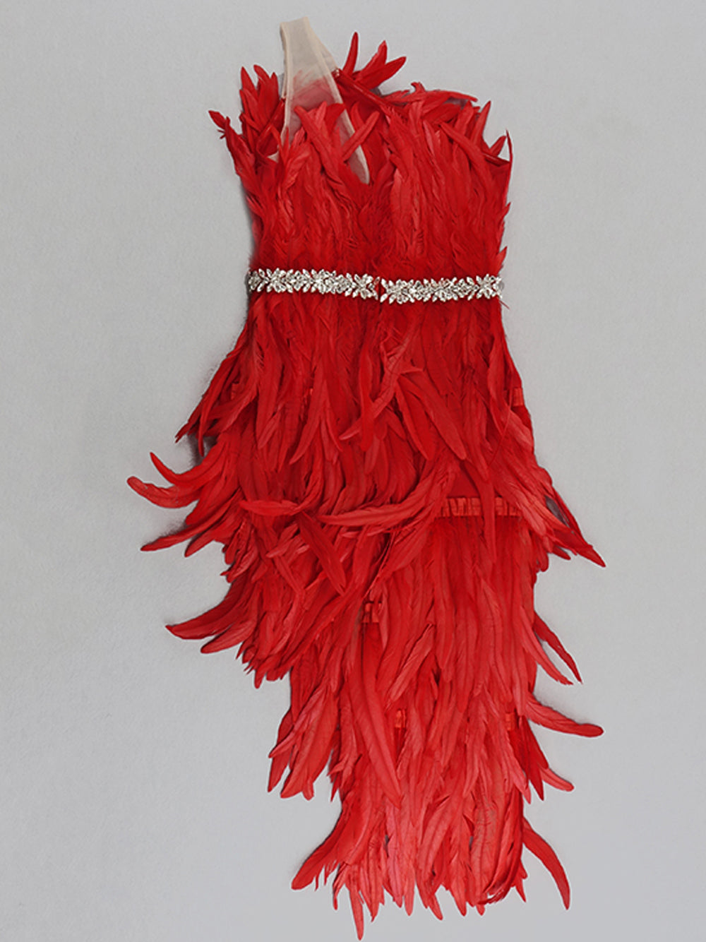 Red Strapless Feather Rhinestone Belt High Slit Bodycon Maxi Dress