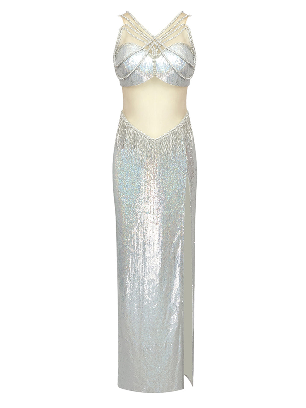 Silver Strappy Rhinestone Fringe Cutout Sequin High Slit Maxi Gown