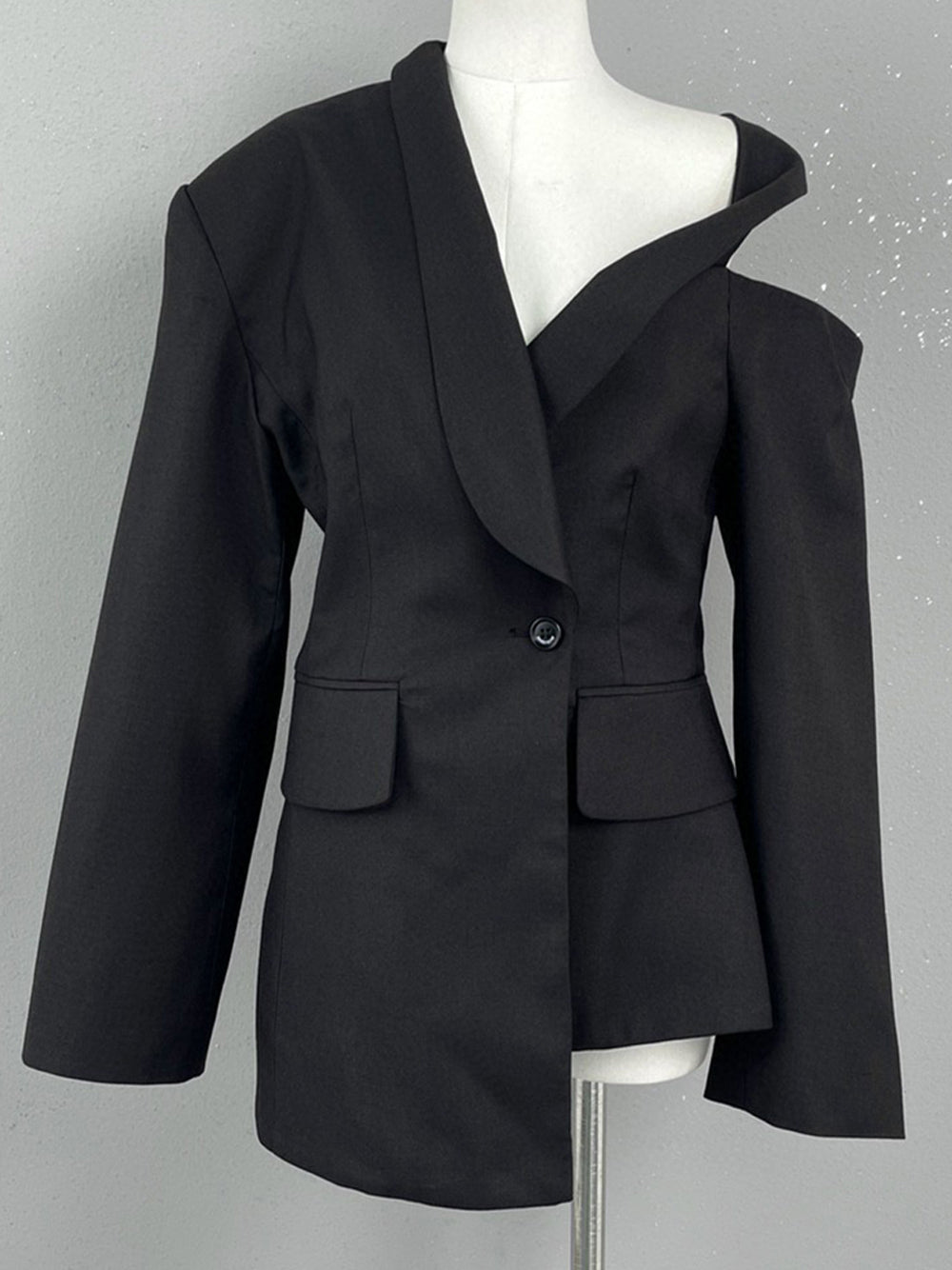 Black Asymmetric Cold Shoulder Halter Strap Tailored Blazer