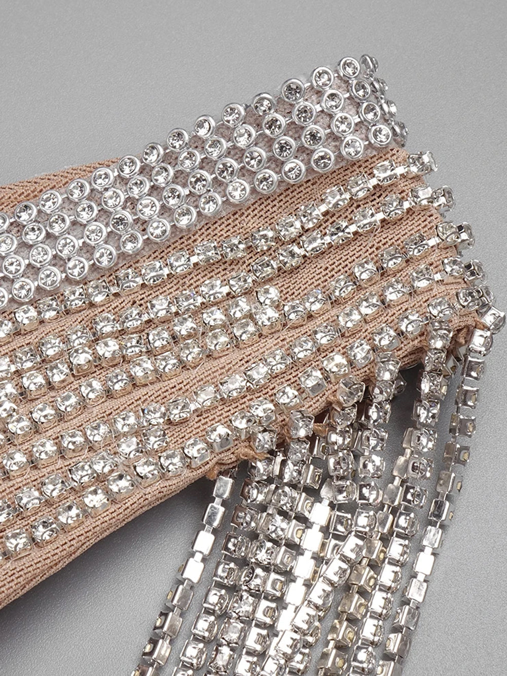 Beige V-Neck Rhinestone Tassel Fringe Bodycon Mini Dress