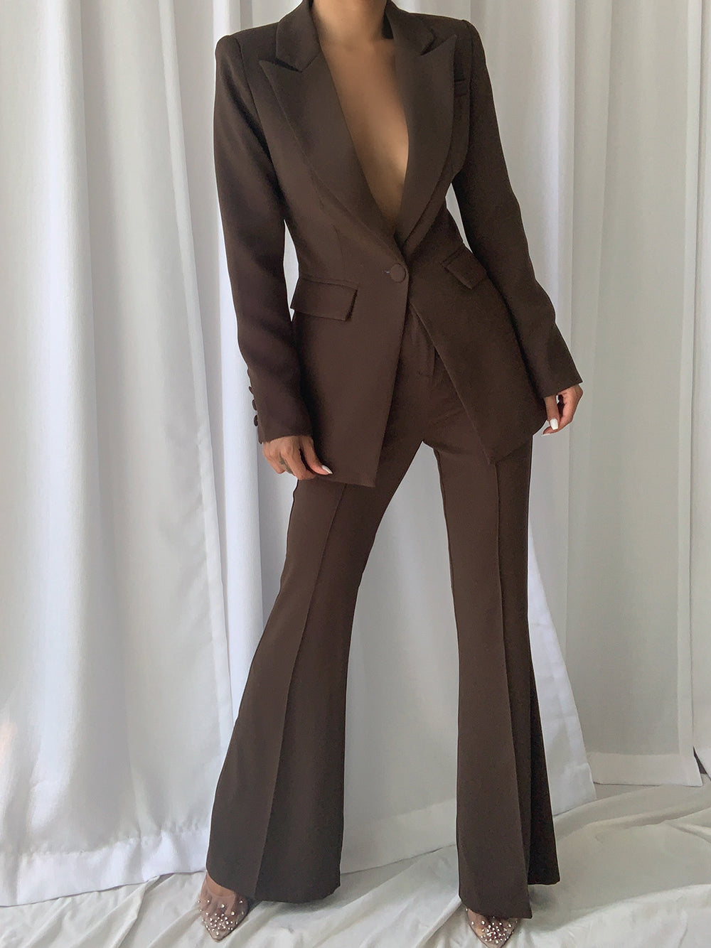 Brown Peak Lapel Tailored Blazer And Flared Pants Set 5