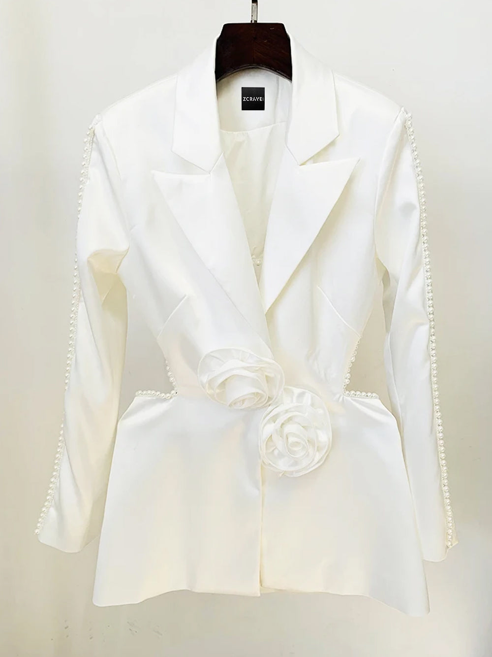 White Rosette Applique Satin Blazer and Pearl Beaded Pants Set