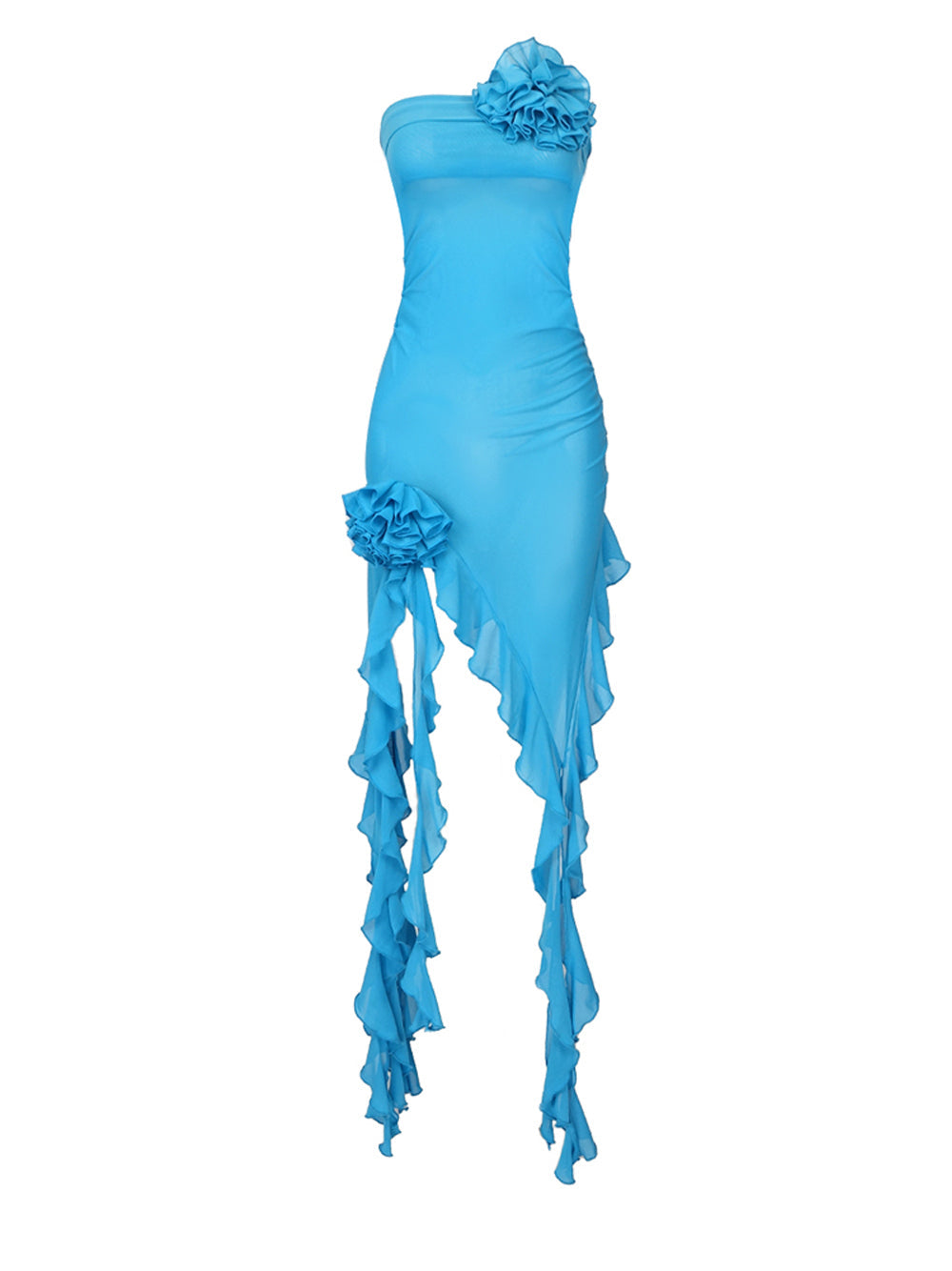 Blue Strapless Rosette Flower Ruched Asymmetric Ruffle High Slit Maxi Dress 10