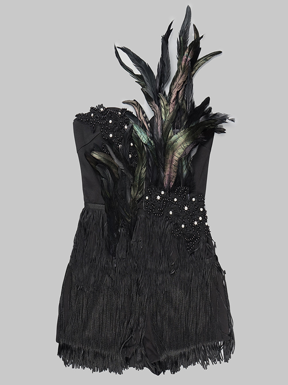 Black Strapless Feather Beaded Applique Fringe Bodycon Mini Dress
