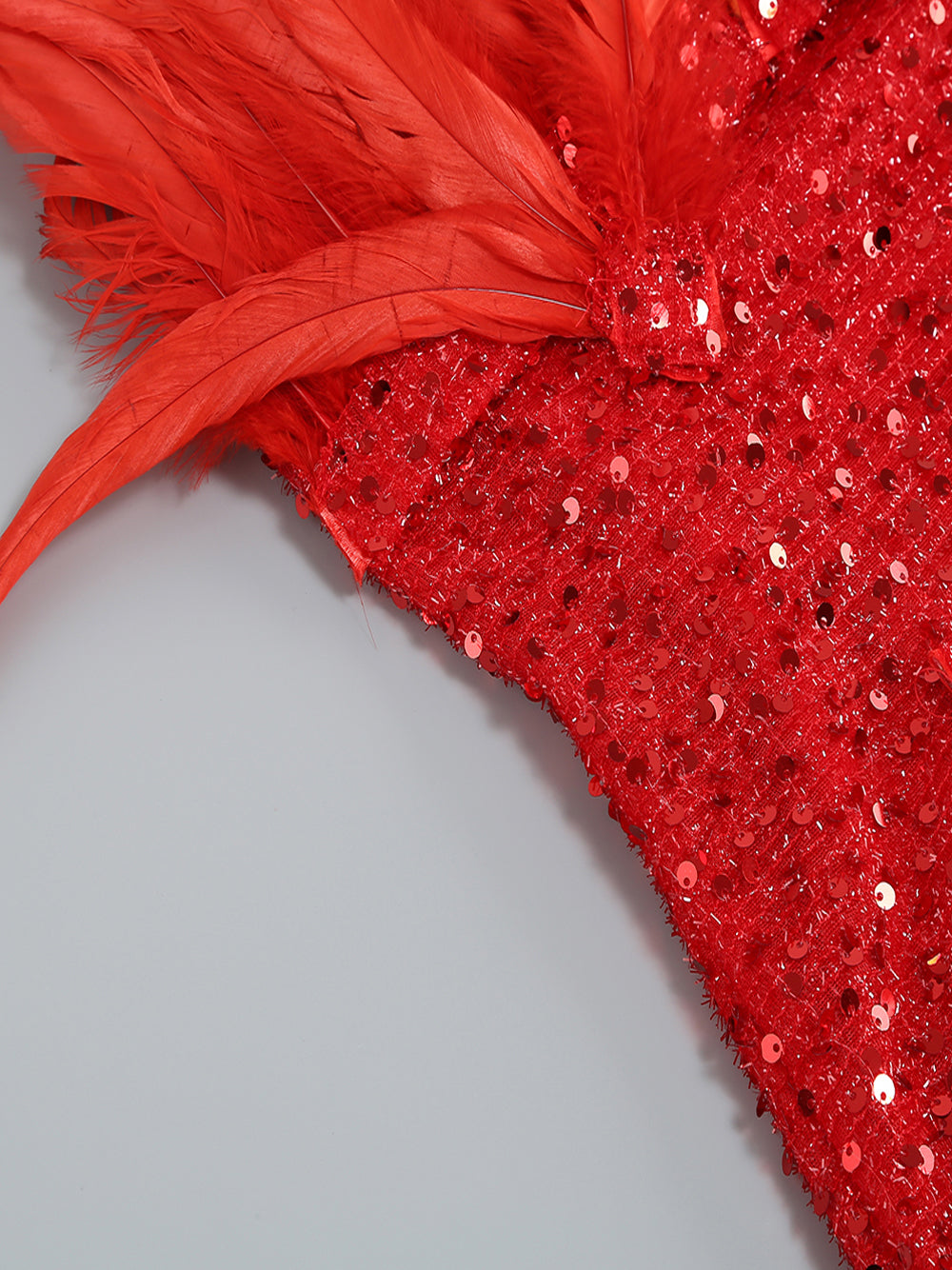 Red Strapless Sequin Feather Trim Bodycon Mini Dress