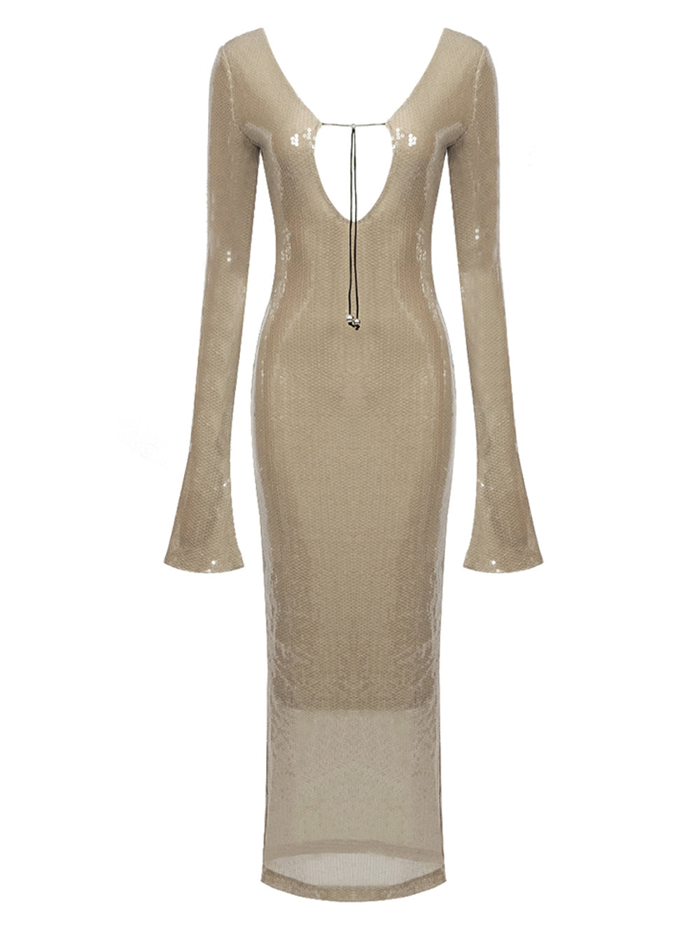 Light Brown Scoop Neck Sequin Keyhole Tie Long Sleeve Bodycon Maxi Dress