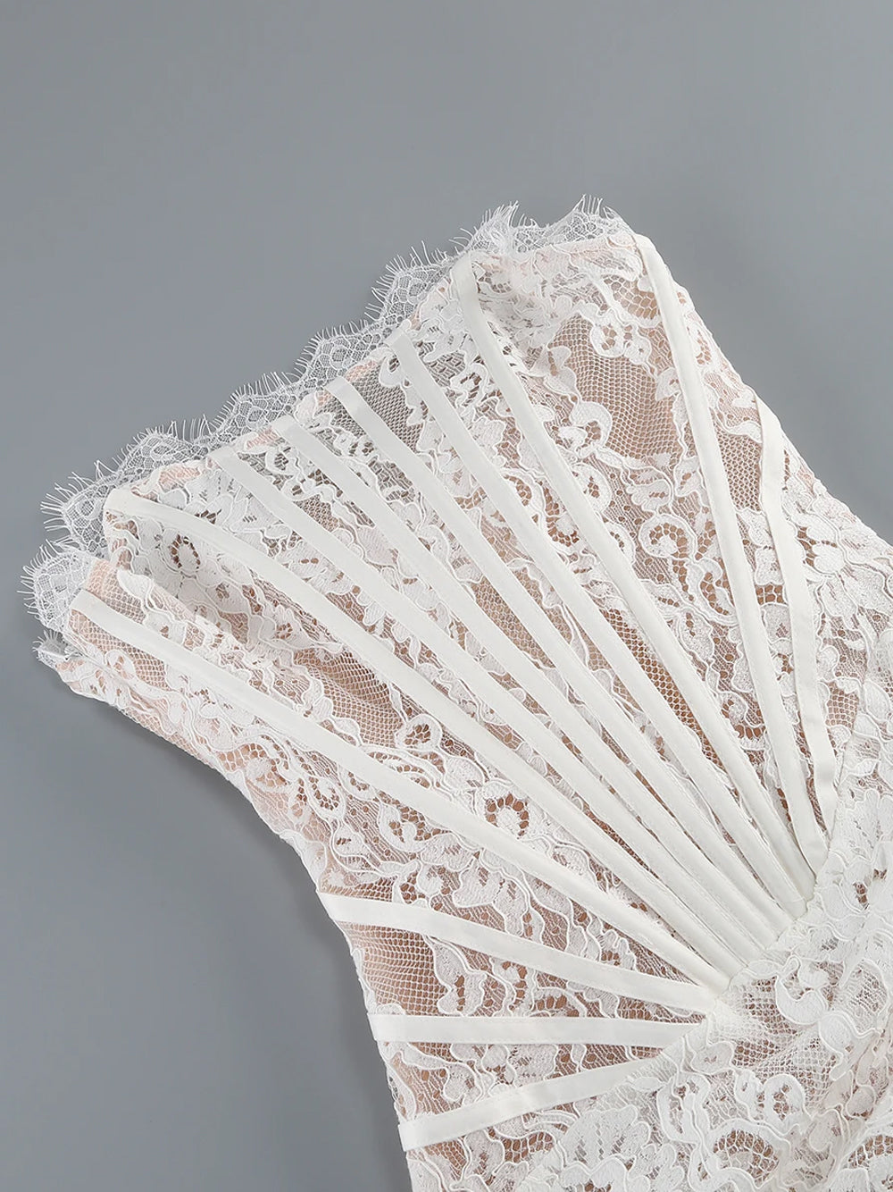 White Strapless Eyelash Lace Corset Ruched Bodycon Mini Dress 14