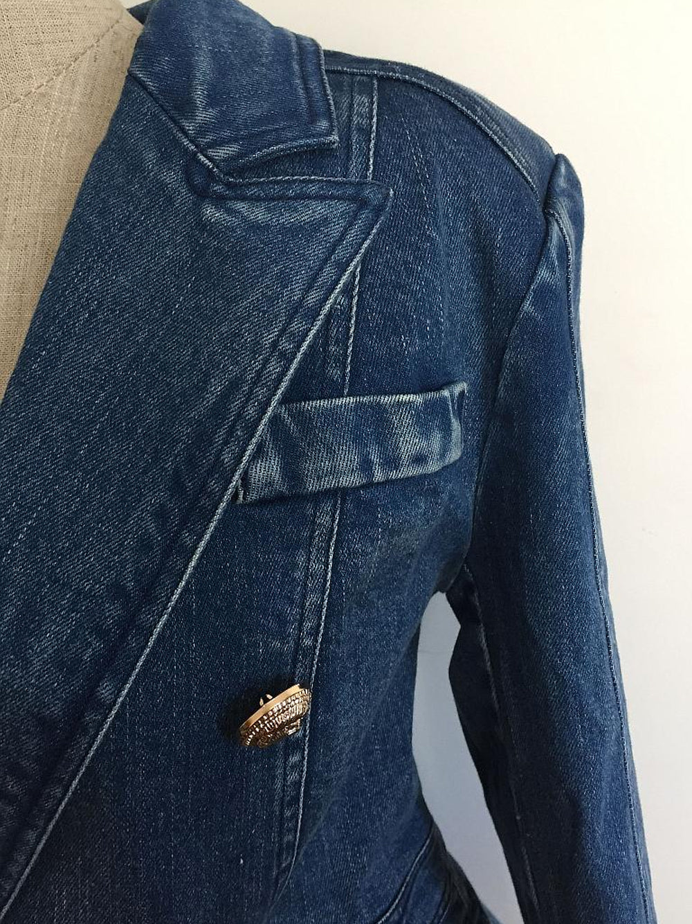 Denim Peak Lapel Double-Breasted Gold Button Denim Blazer