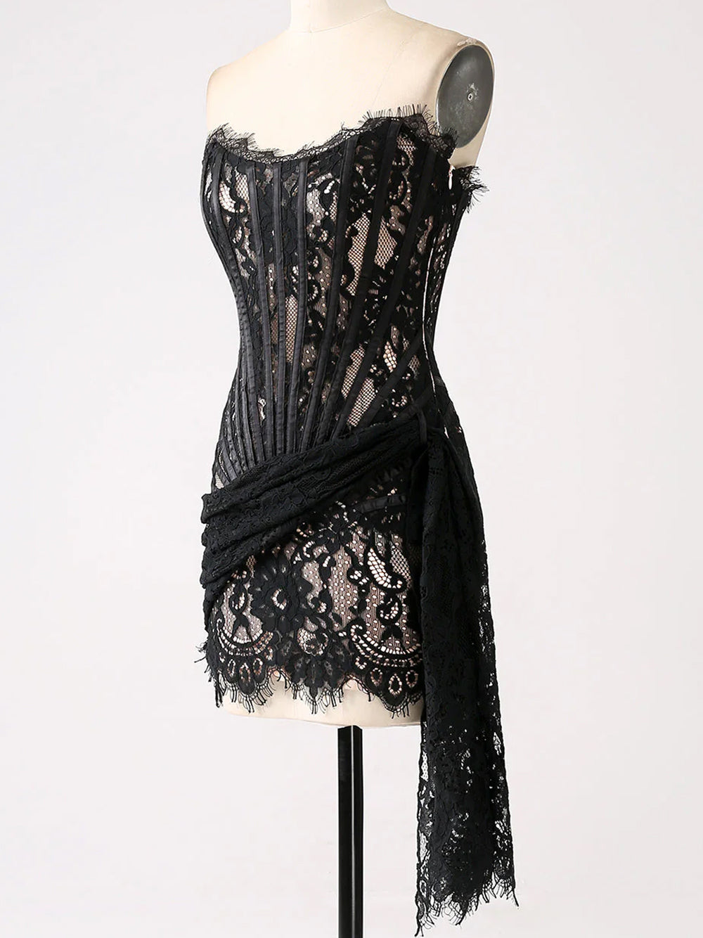 Black Strapless Eyelash Lace Corset Ruched Bodycon Mini Dress 10