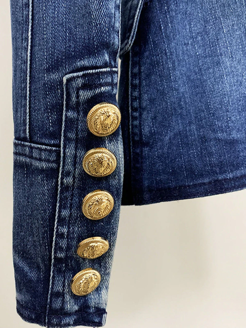 Denim Peak Lapel Double-Breasted Gold Button Denim Blazer