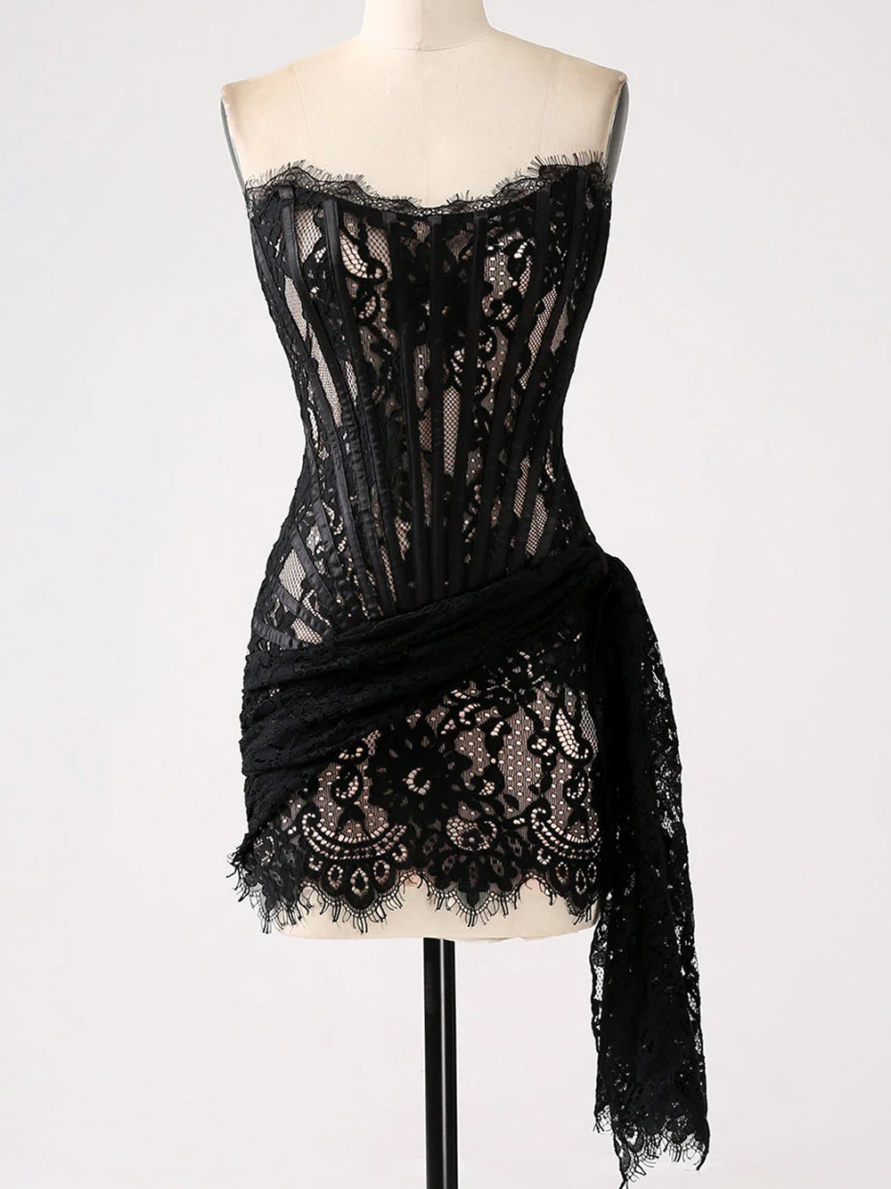 Black Strapless Eyelash Lace Corset Ruched Bodycon Mini Dress 9
