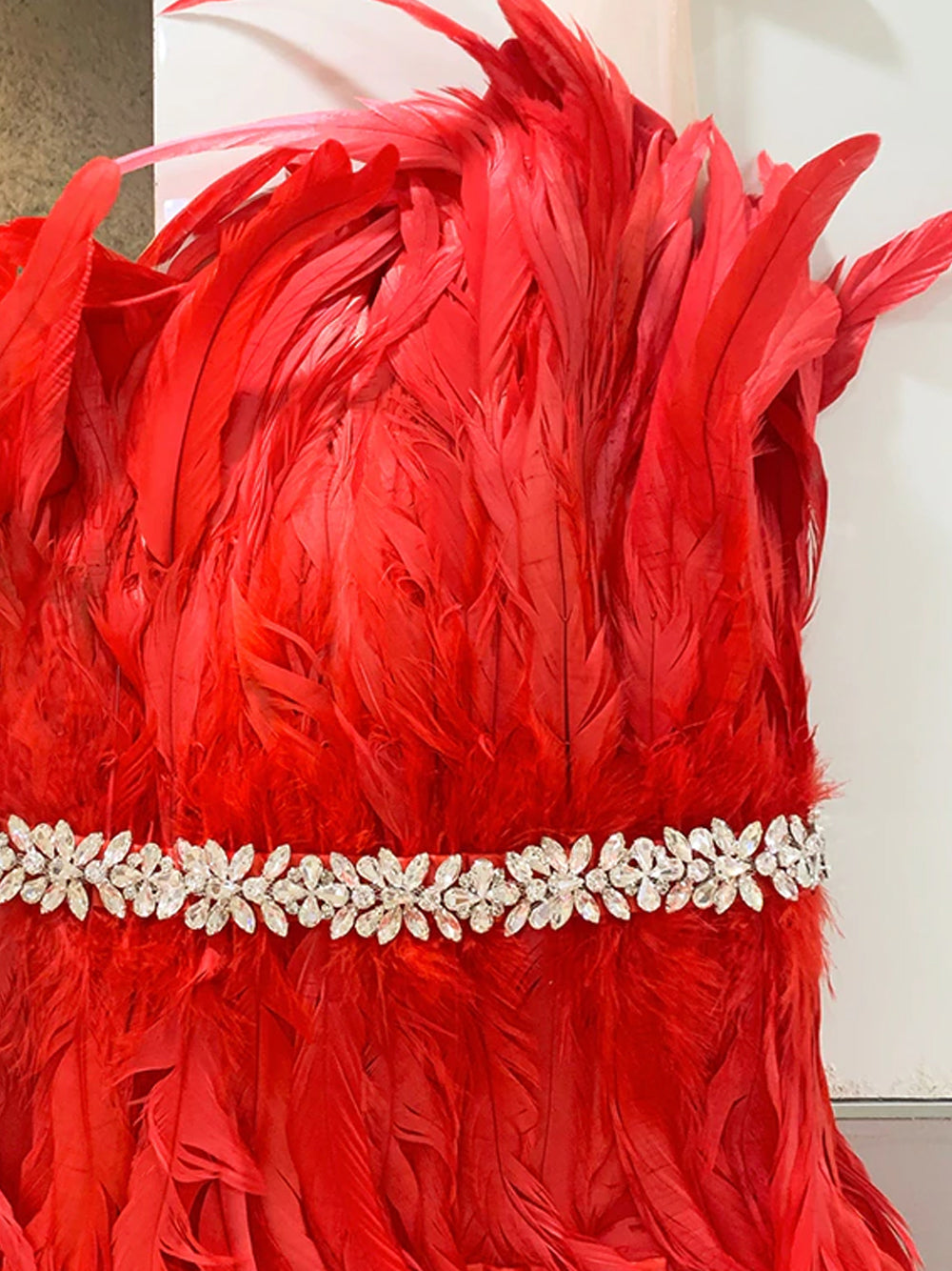 Red Strapless Feather Rhinestone Belt High Slit Bodycon Maxi Dress