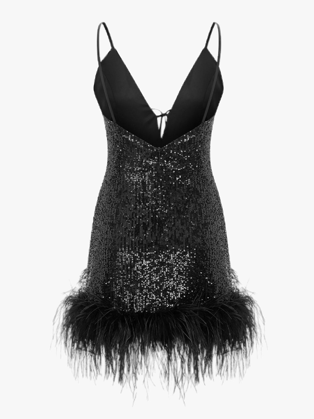 Black Spaghetti Strap Plunge Sequin Feather Trim Bodycon Mini Dress 7