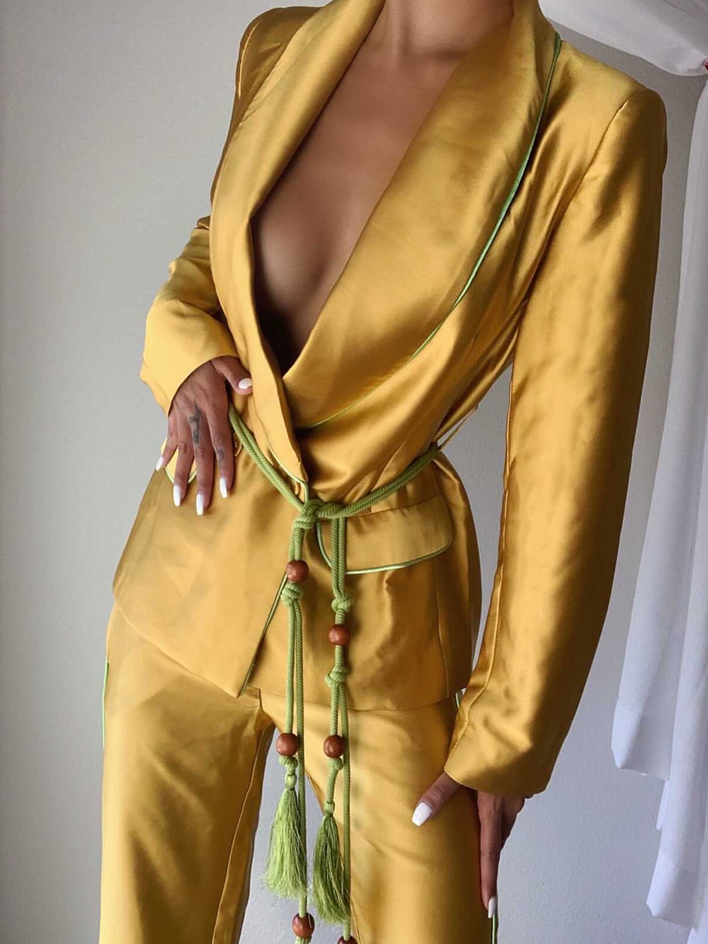 Gold Shawl Lapel Satin Tassel Belt Blazer and Pants Set
