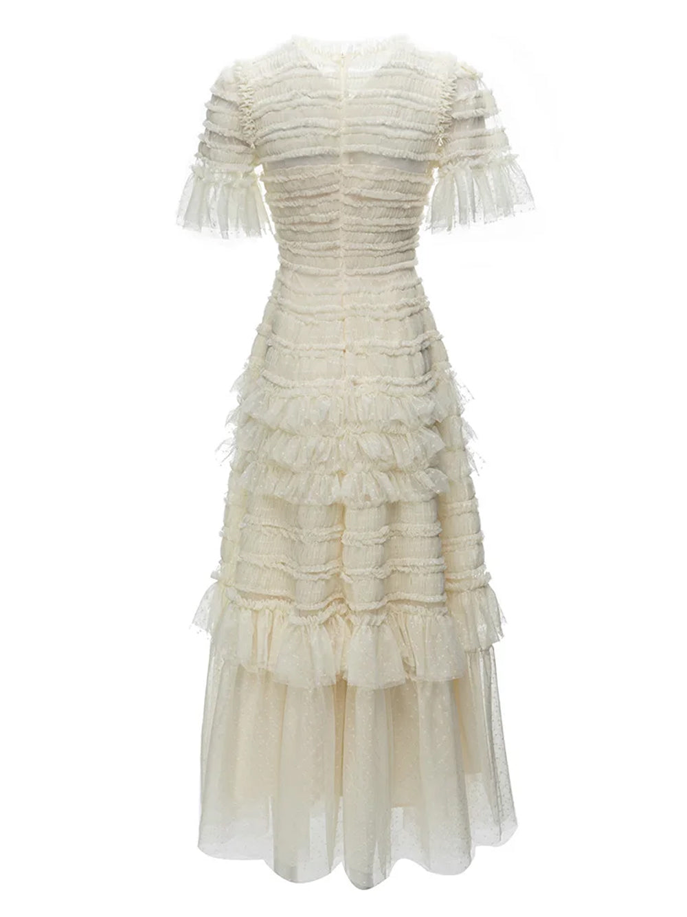 Ivory Round Neck Short Sleeve Tiered Ruffle Tulle A-Line Maxi Dress