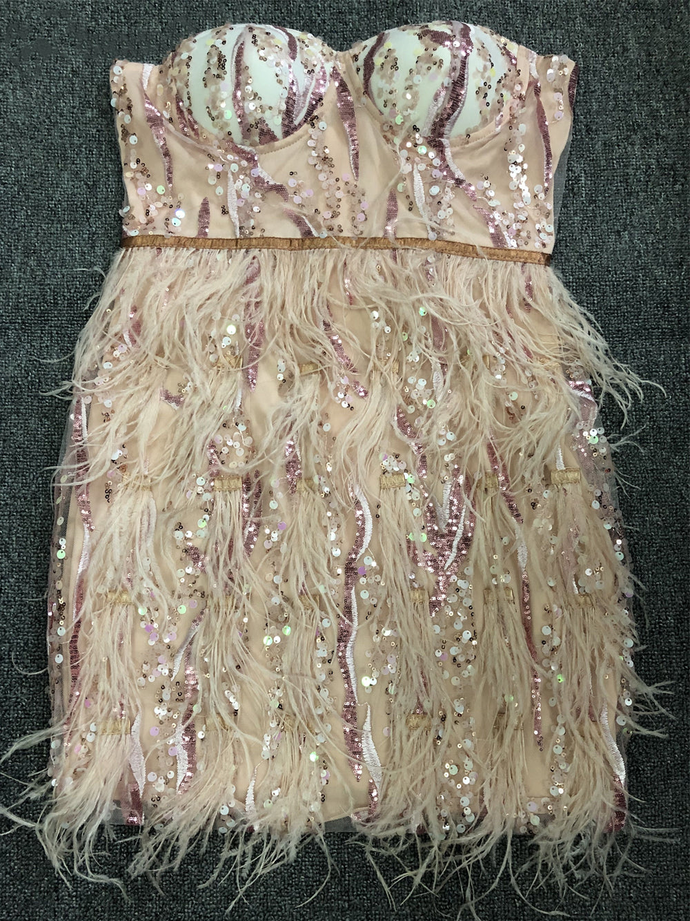 Pink Strapless Sweetheart Sequin Feather Trim Bustier Bodycon Mini Dress 4