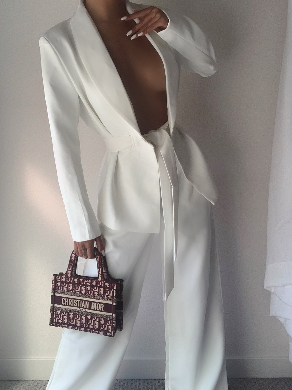 White Shawl Collar Tie Waist Blazer And Tie-Cuff Trouser Set