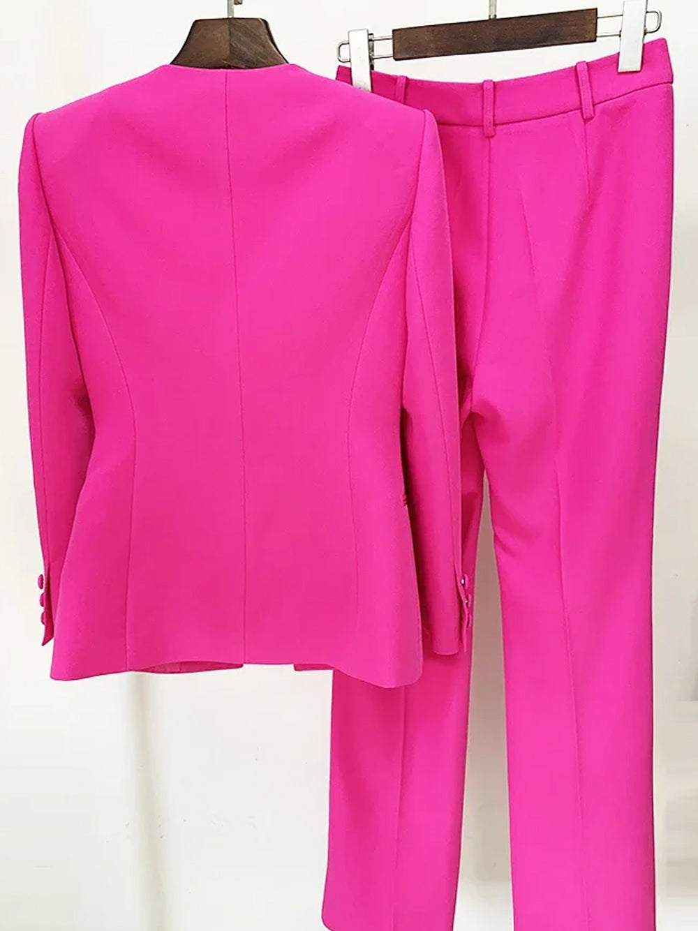 Fuchsia Collarless Plunge Cutout Blazer and Split Leg Pants Set