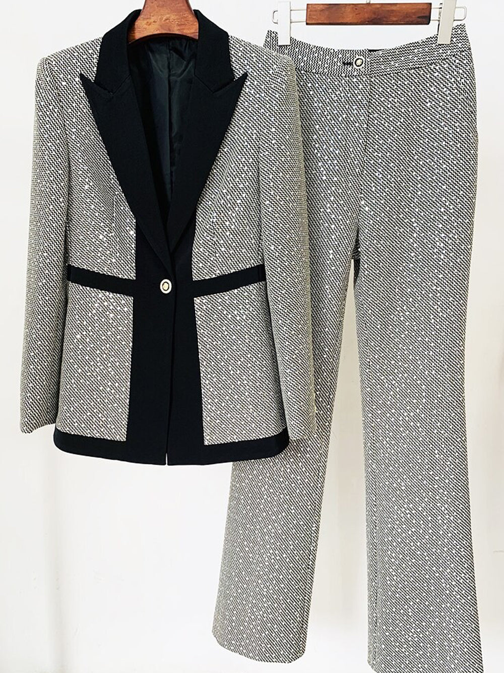 B&w Contrast Trim Tweed Blazer and Pants Set