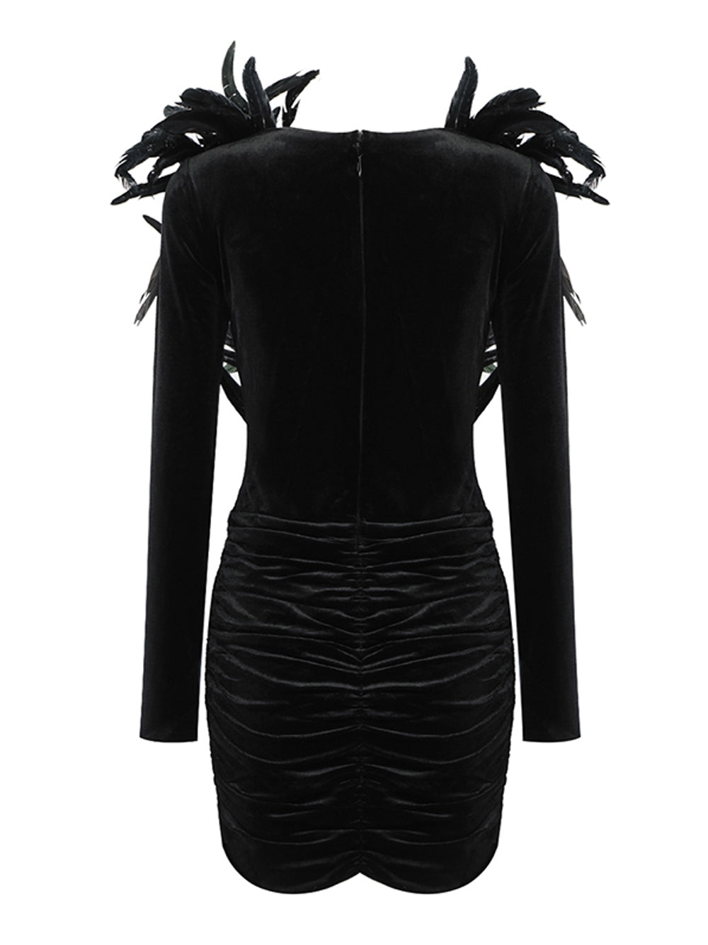 Black Off-Shoulder Feather Trim Velvet Beaded Ruched Bodycon Mini Dress