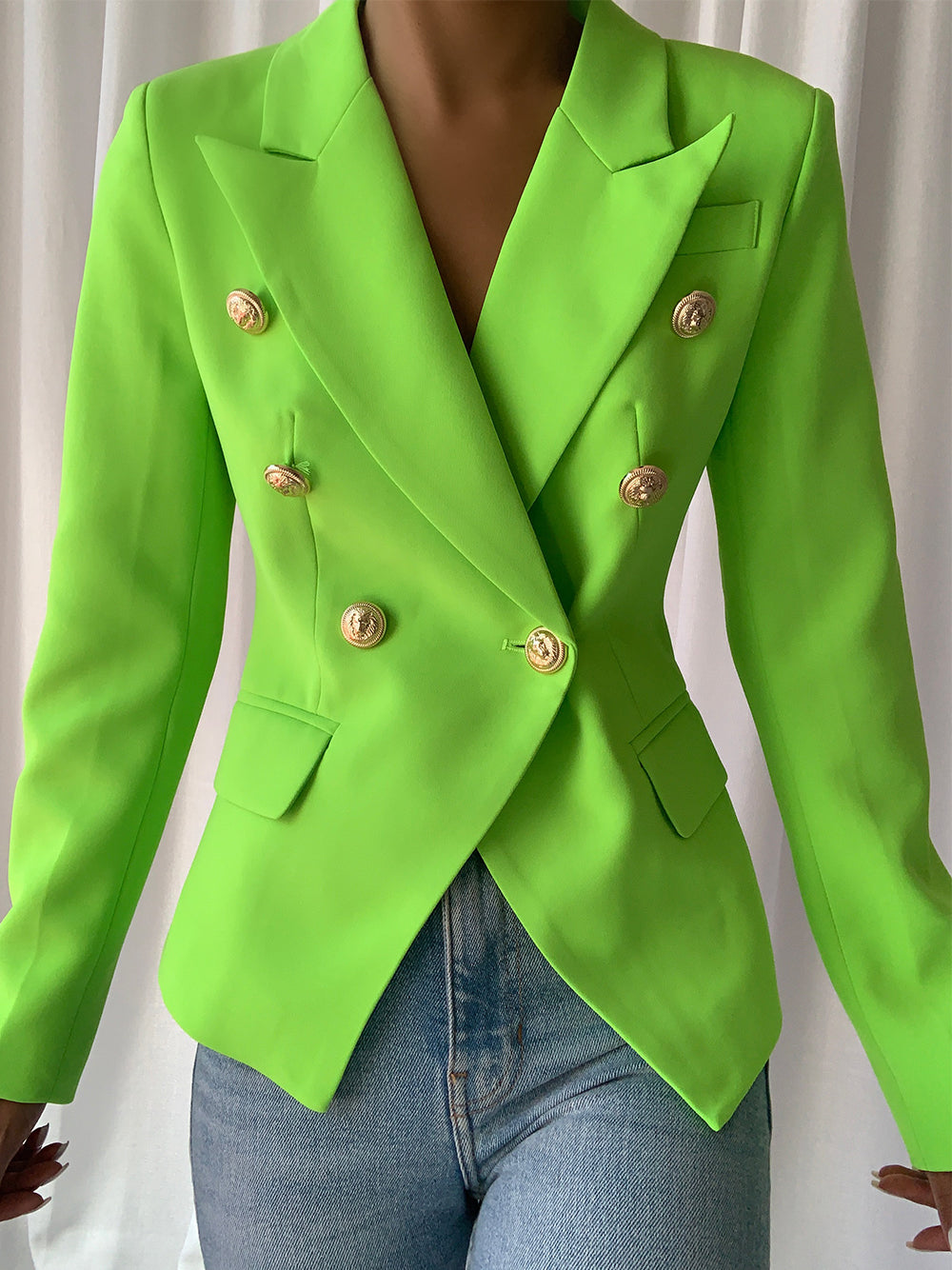 Lime Peak Lapel Gold Button Double Breasted Structured Blazer