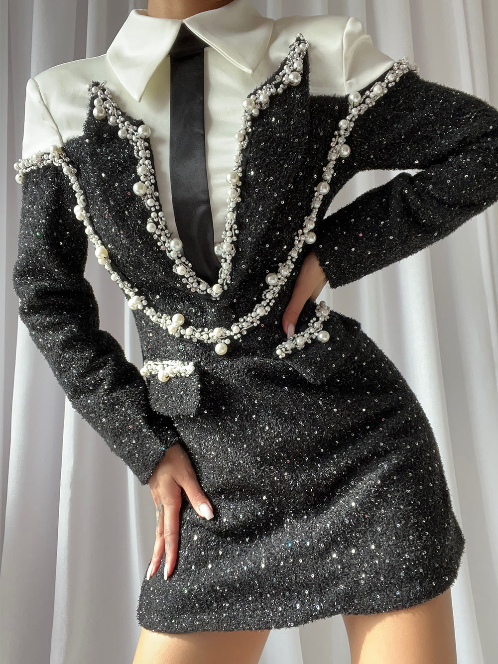 Black Collared Long Sleeve Pearl Trim Sequin Blazer Mini Dress 3