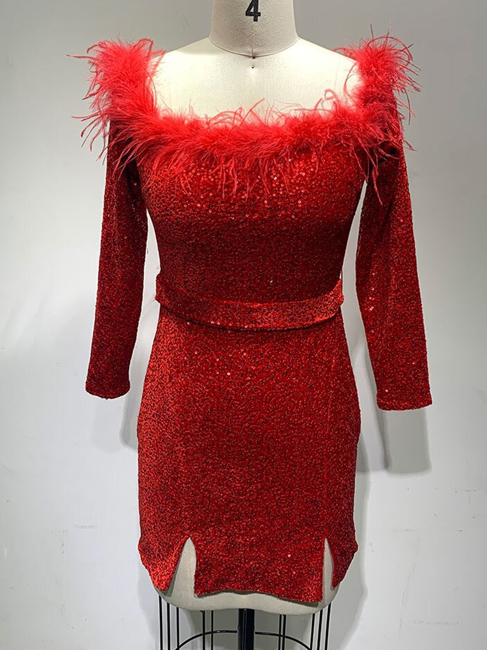Red Off-Shoulder Feather Trim Sequin Long Sleeve Bodycon Mini Dress