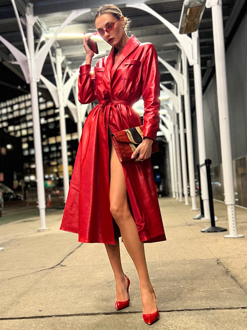 Lapel Belted Leather Maxi Trench Coat