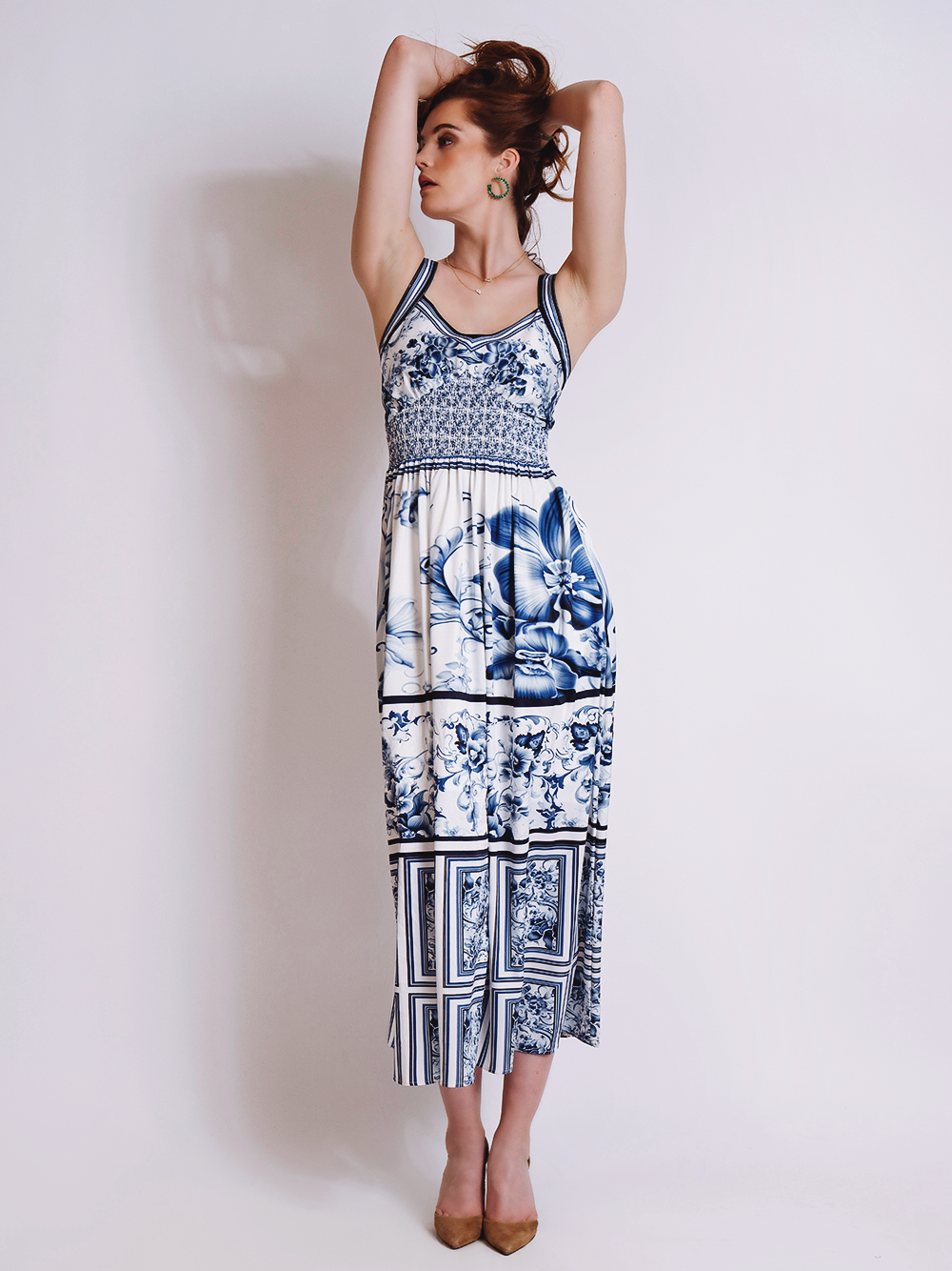Blue Spaghetti Strap Floral Print Smocked Waist A-Line Midi Dress 2