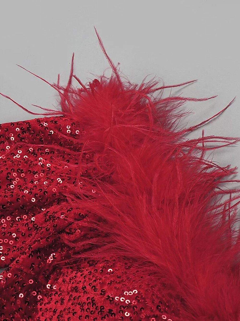 Red Off-Shoulder Feather Trim Sequin Long Sleeve Bodycon Mini Dress