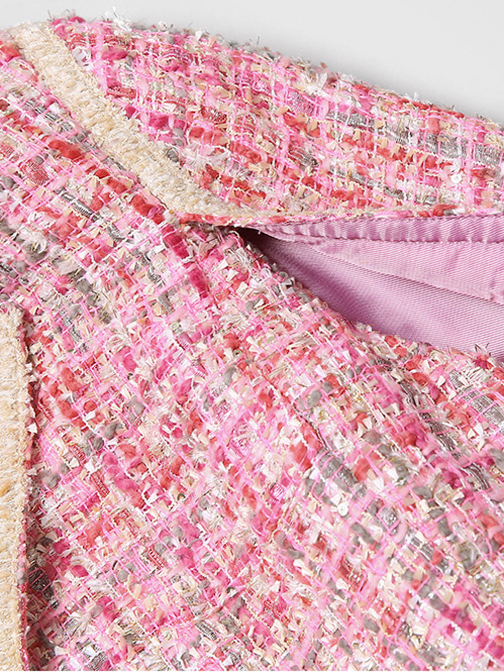 Pink Notch Lapel Fringe Trim Belted Tweed Cape Coat