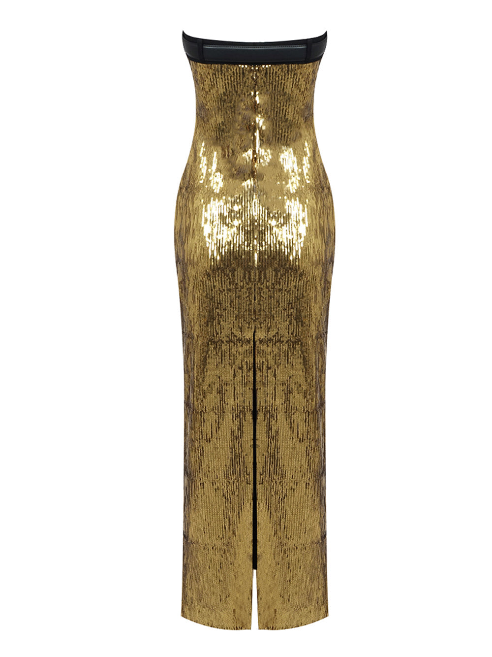Gold Strapless Belted Sequin Ruched Bodycon Maxi Dress