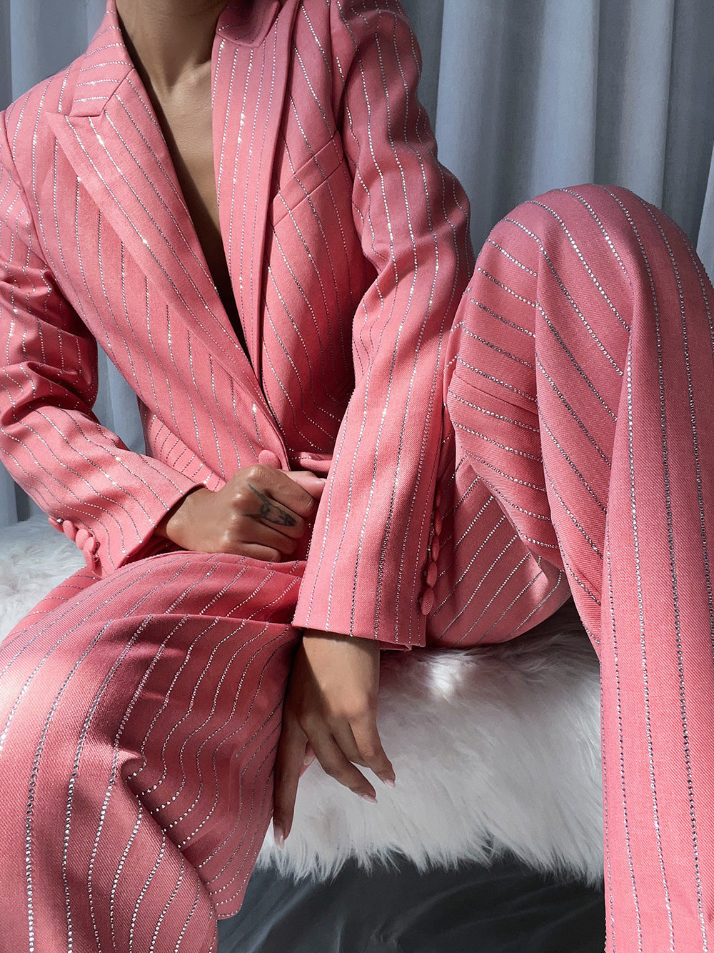 Pink Peak Lapel Rhinestone Pinstripe Oversized Blazer And Pants Set 2