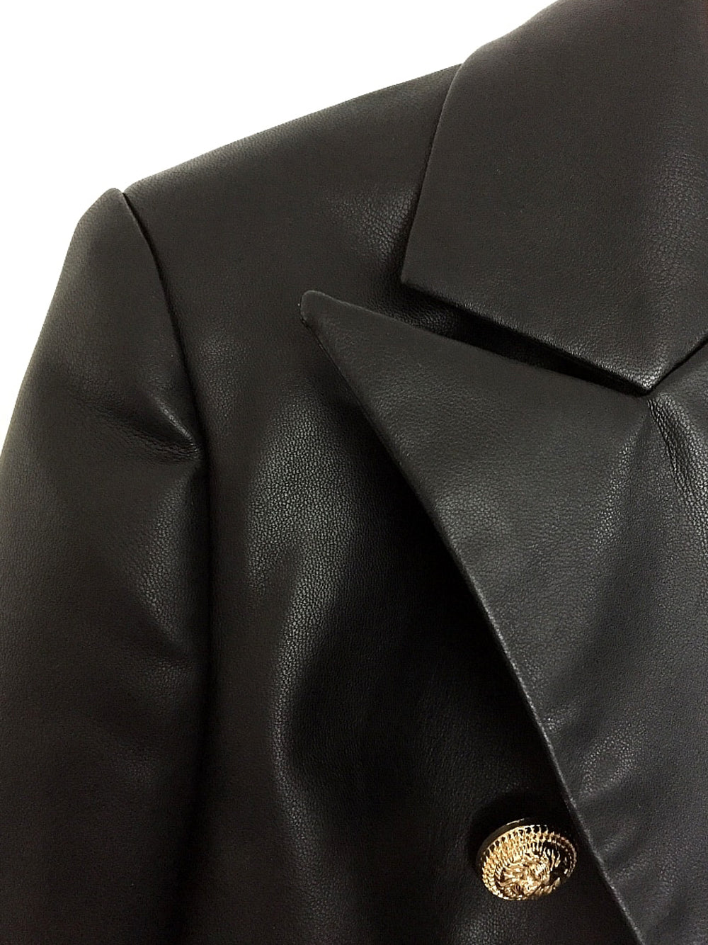 Black Peak Lapel Double-Breasted Gold Button Leather Blazer