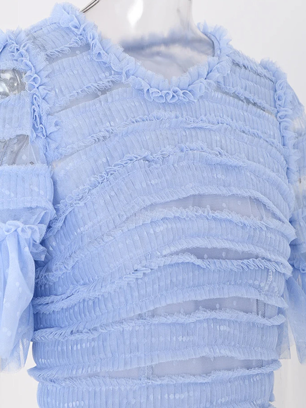 Arctic Blue Round Neck Tiered Ruffle Tulle Short Sleeve A-Line Maxi Dress
