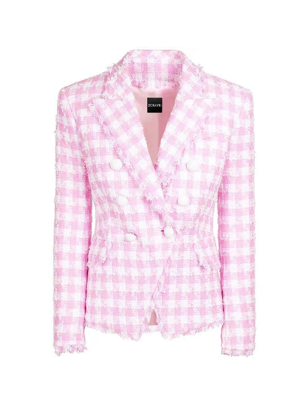 Pink Shawl Collar Double Breasted Houndstooth Tweed Blazer 9
