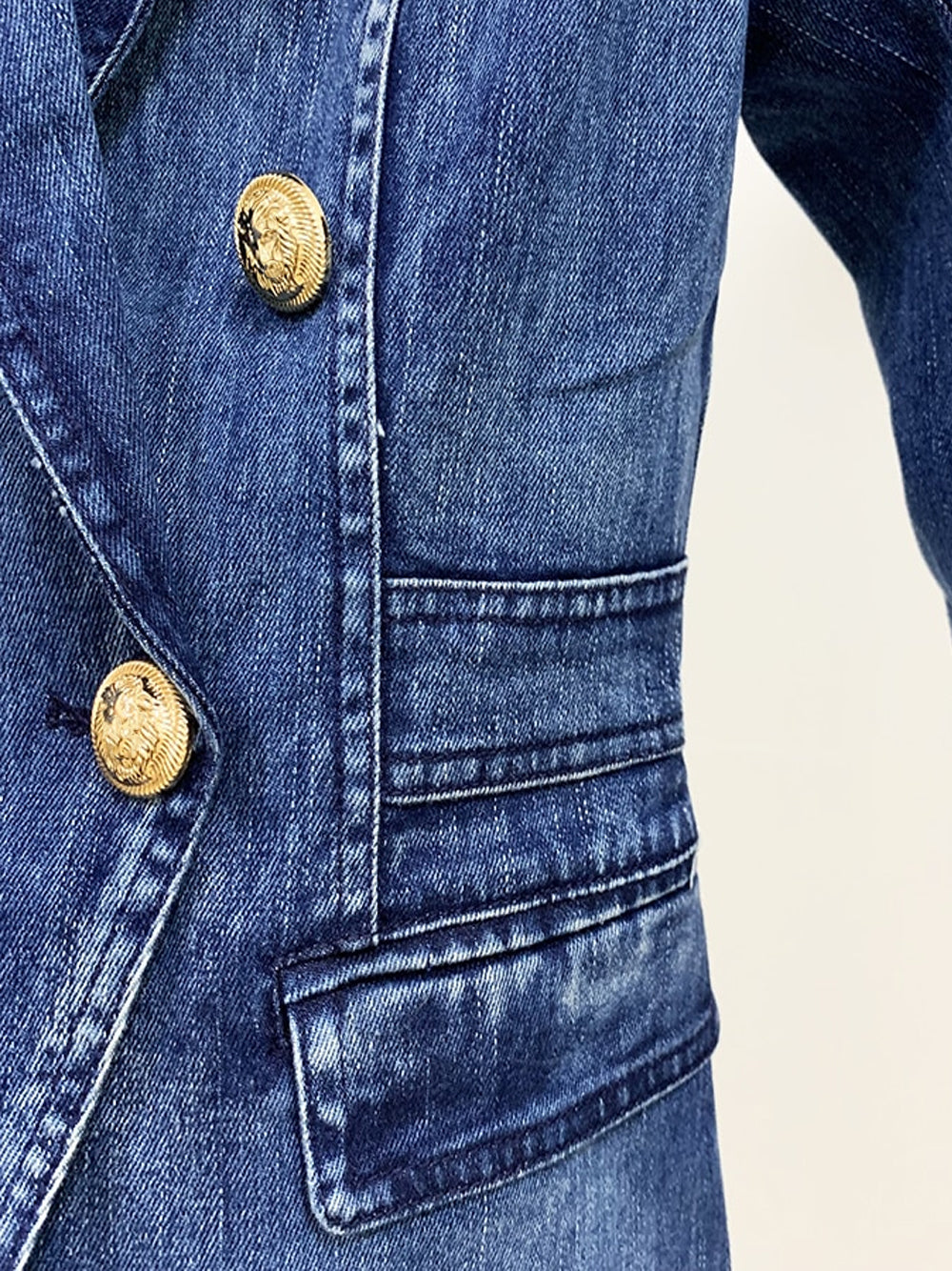 Denim Peak Lapel Double-Breasted Gold Button Denim Blazer