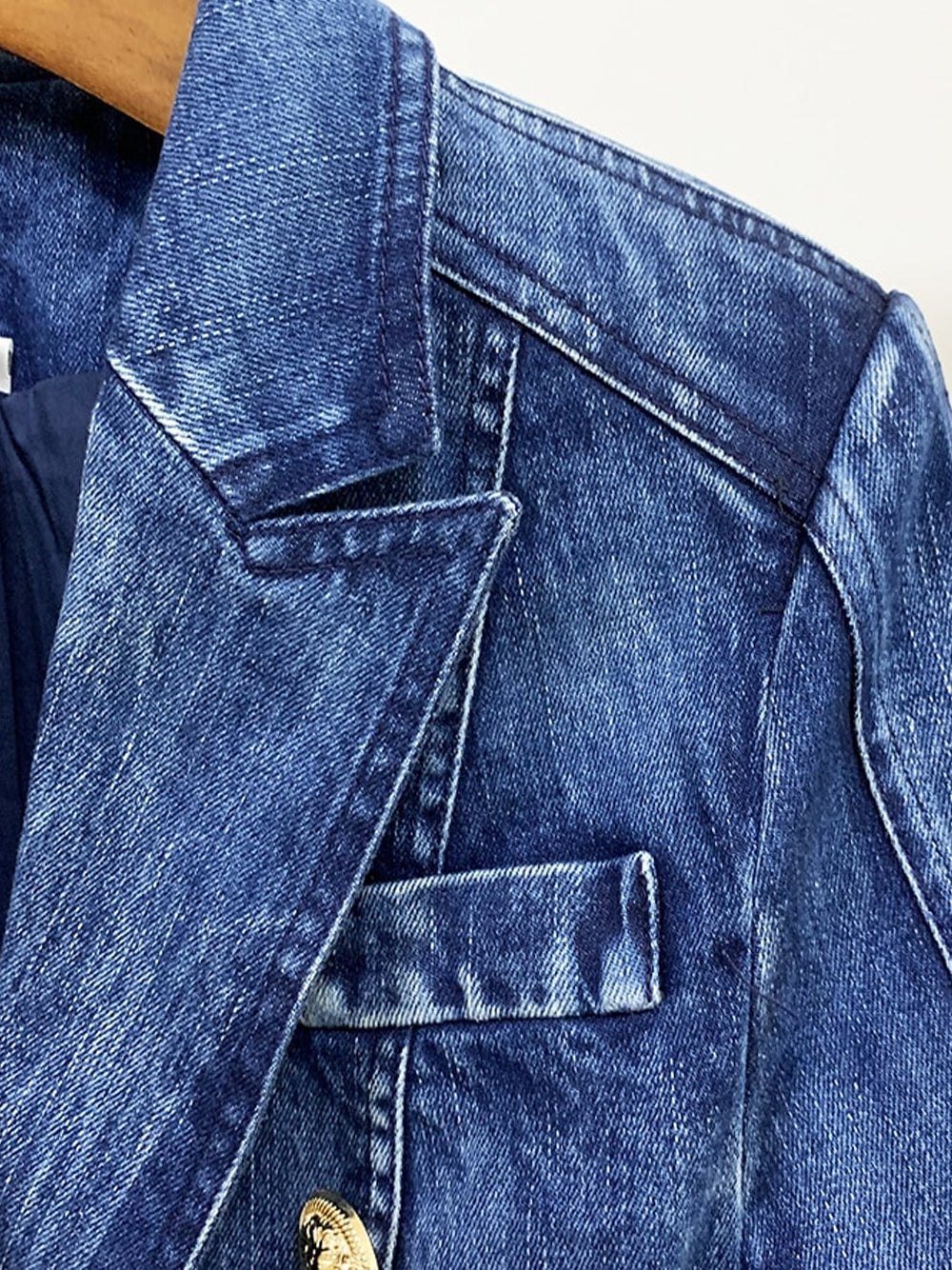 Denim Peak Lapel Double-Breasted Gold Button Denim Blazer