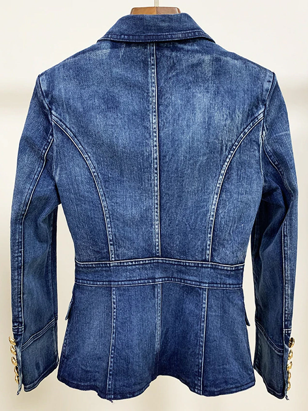 Denim Peak Lapel Double-Breasted Gold Button Denim Blazer