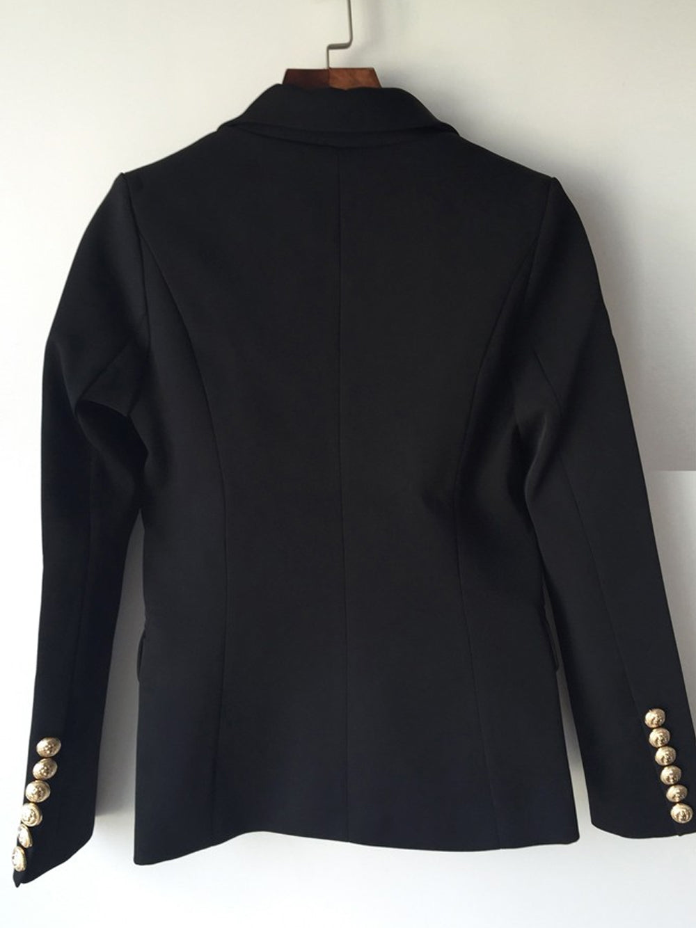 Black Peak Lapel Gold Button Double-Breasted Fitted Blazer 16