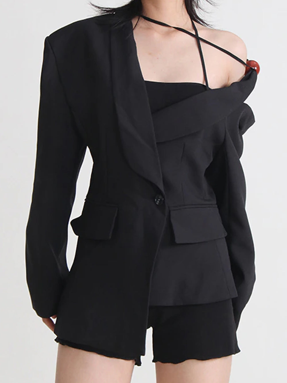 Black Asymmetric Cold Shoulder Halter Strap Tailored Blazer