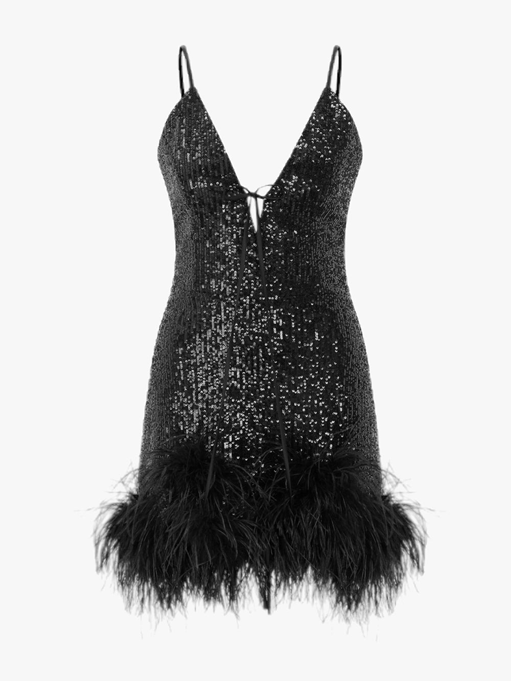 Black Spaghetti Strap Plunge Sequin Feather Trim Bodycon Mini Dress 6