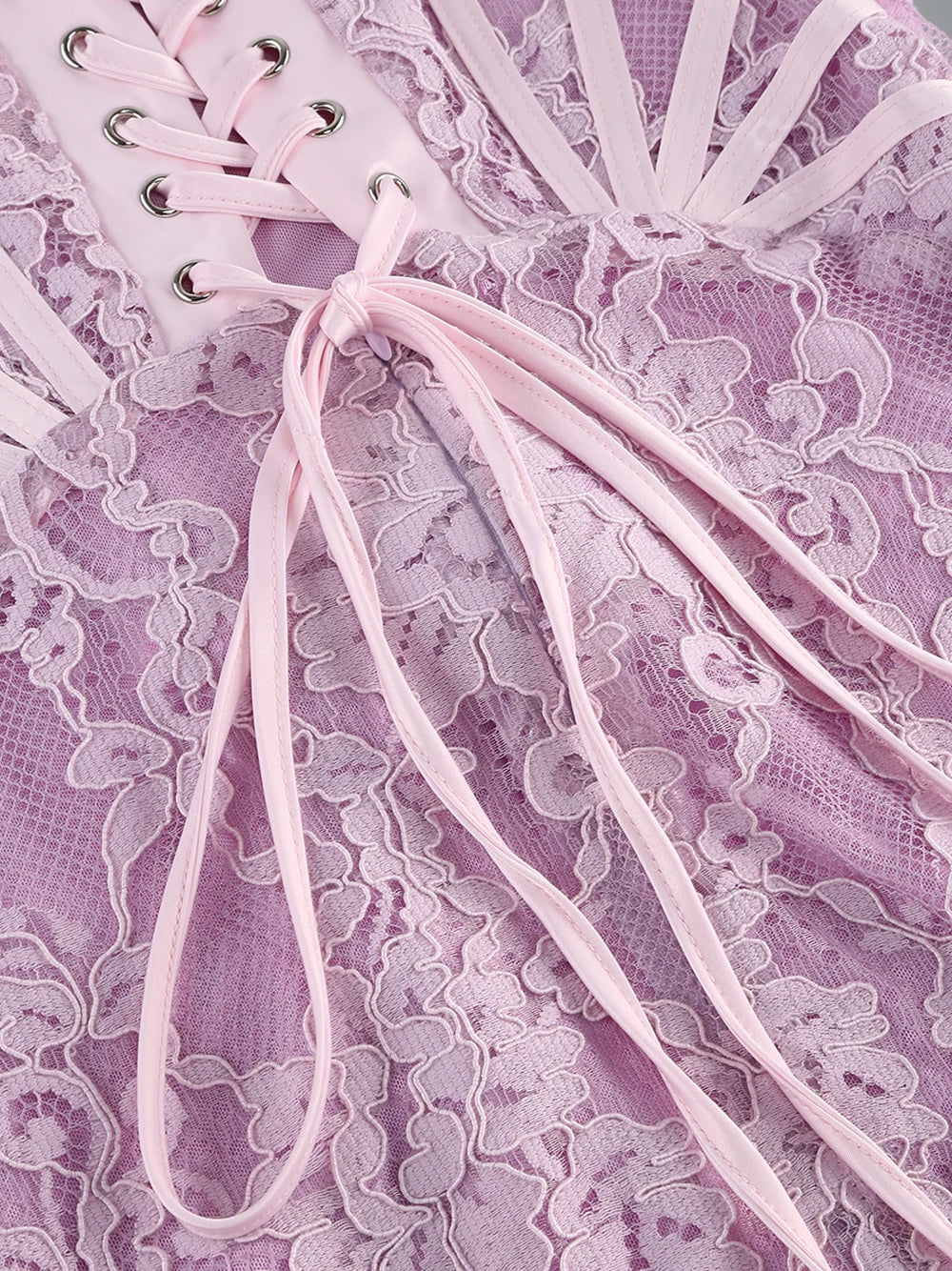 Lavender Strapless Eyelash Lace Corset Ruched Bodycon Mini Dress 9