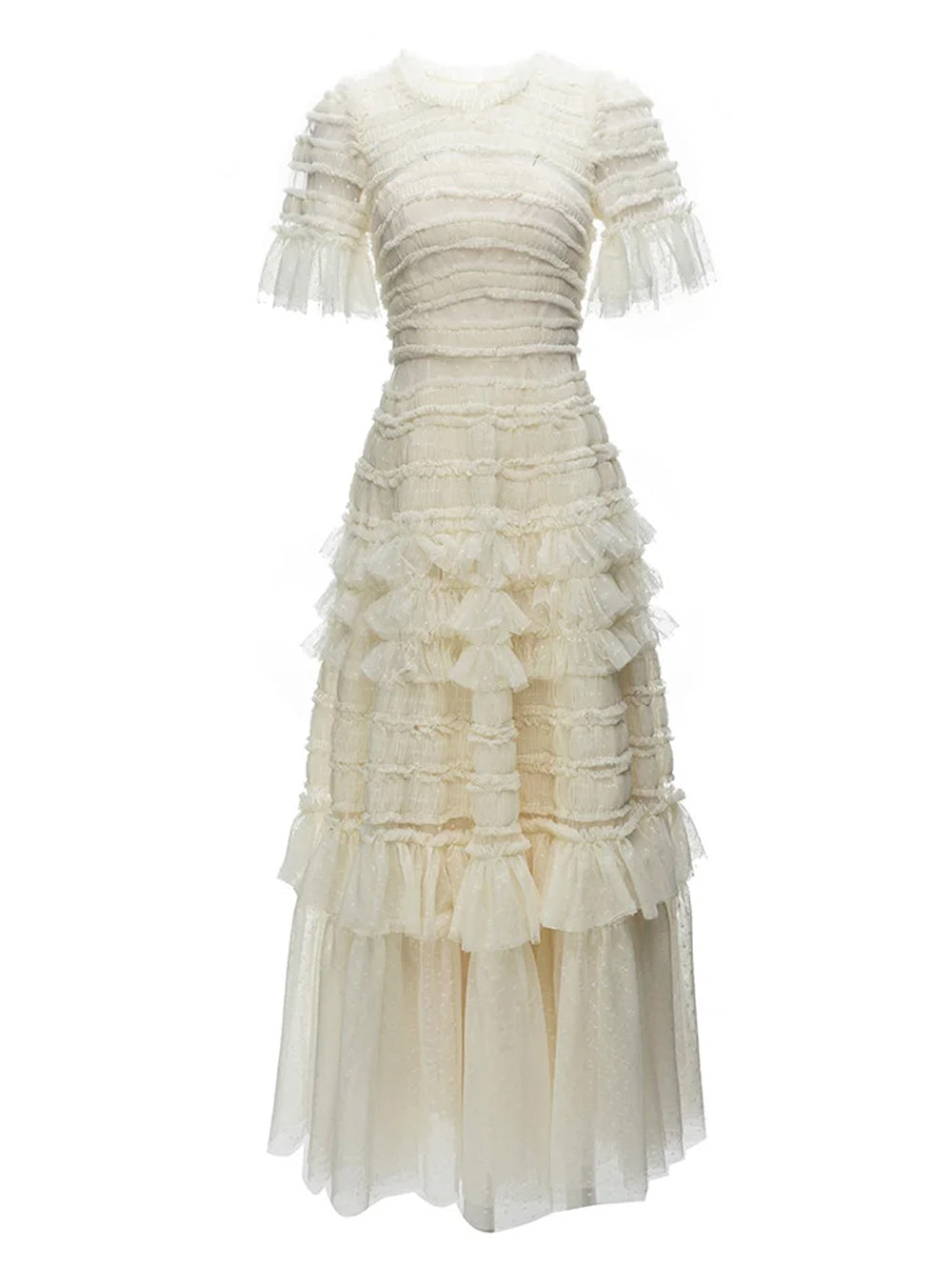 Ivory Round Neck Short Sleeve Tiered Ruffle Tulle A-Line Maxi Dress
