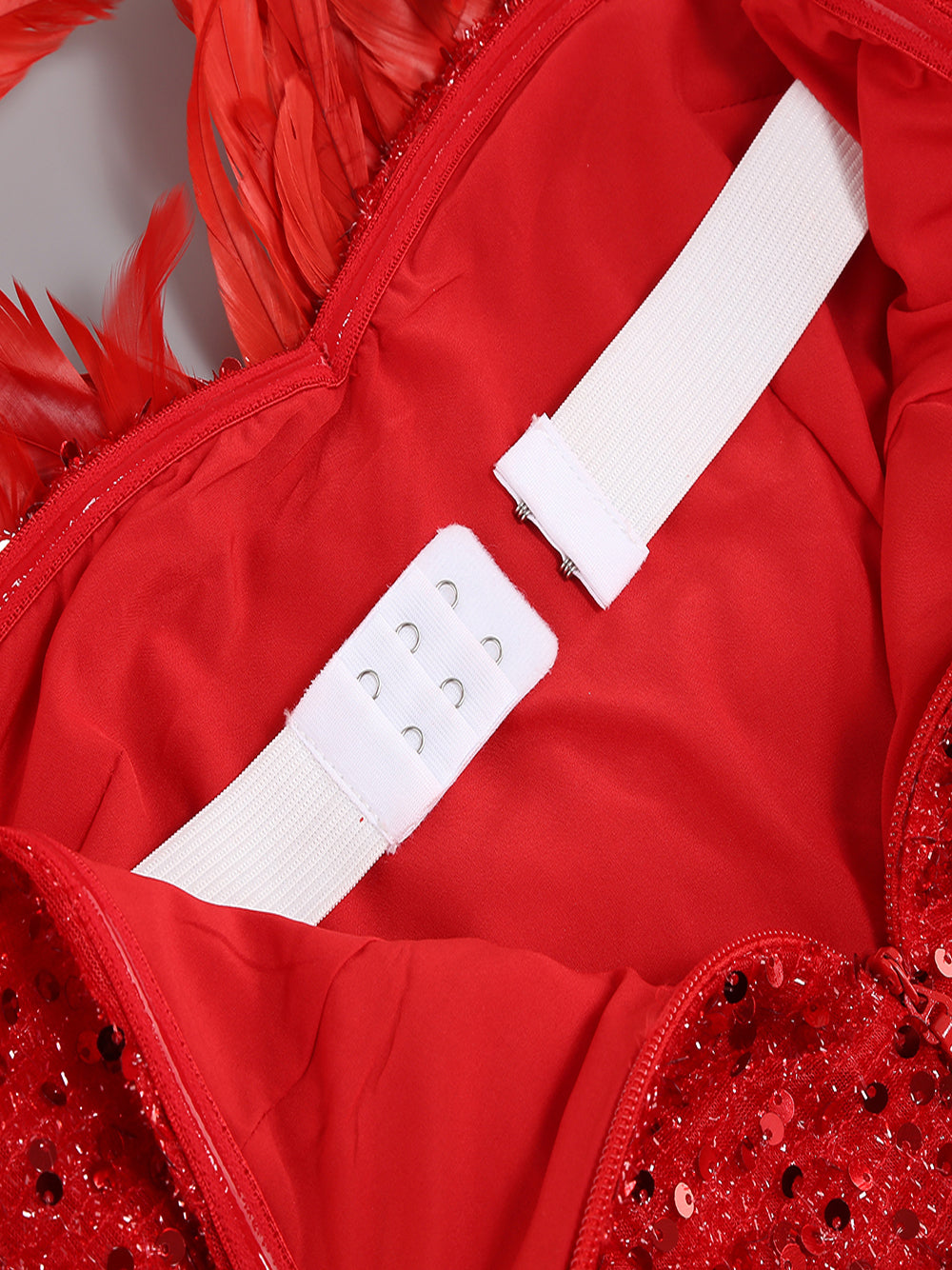Red Strapless Sequin Feather Trim Bodycon Mini Dress