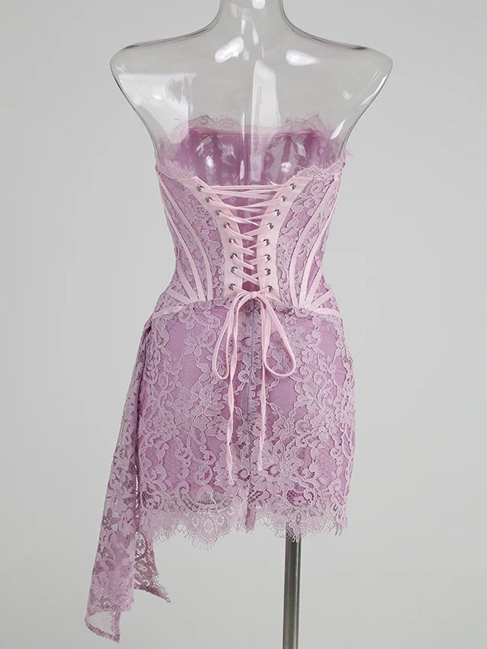 Lavender Strapless Eyelash Lace Corset Ruched Bodycon Mini Dress 6
